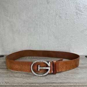 Guess Brown Leather Belt with Rhinestone G Buckle